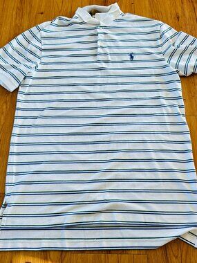 Polo Golf Blue/Green striped white Polo Shirt Performance Lightweight Shortsleve